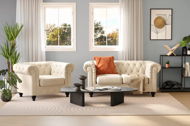 Chesterfield Lyx 2-sits Sammetssoffa - Liten djup soffa - Beige Sammet - Möbler - Soffa - 2 sits soffa