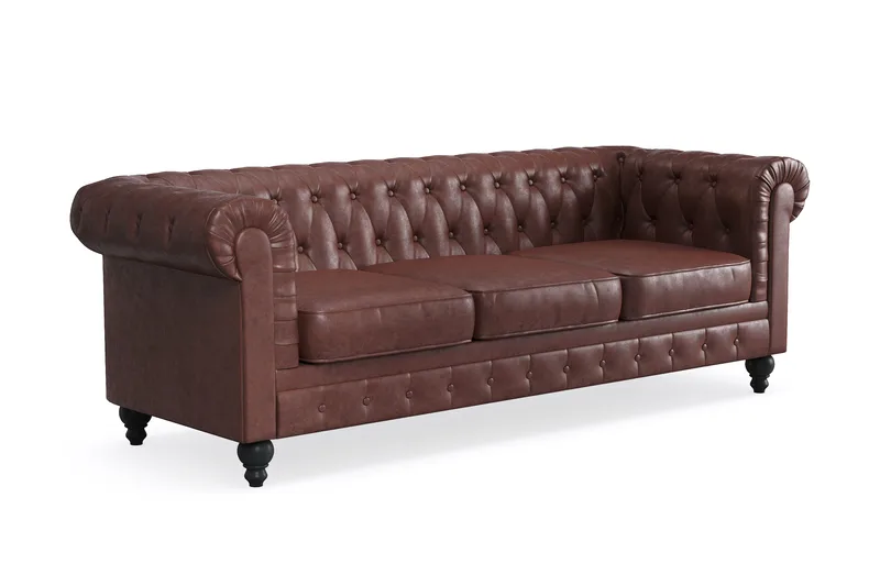 Chesterfield Lyx 3-sits Djup soffa konstläder - Mörkbrun PU - Möbler - Soffa - Skinnsoffor