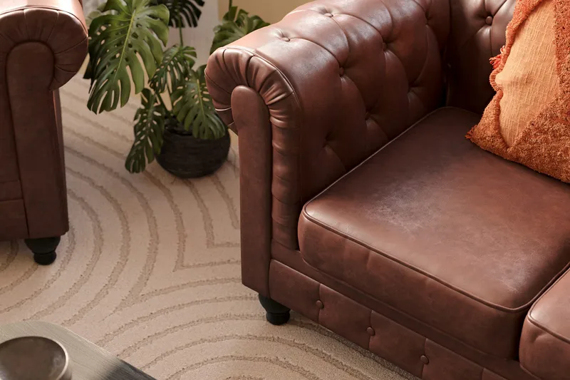 Chesterfield Lyx 3-sits Djup soffa konstläder - Mörkbrun PU - Möbler - Soffa - Skinnsoffor