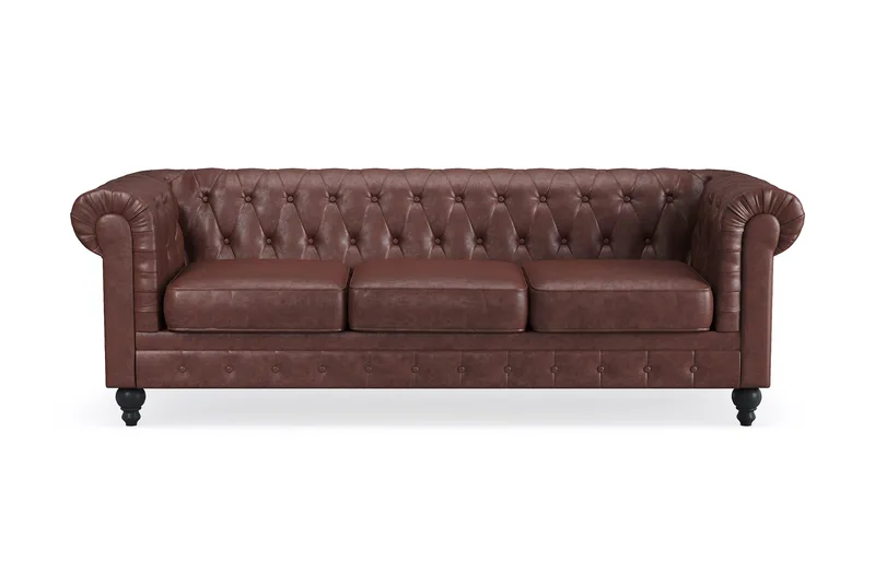 Chesterfield Lyx 3-sits Djup soffa konstläder, Mörkbrun PU