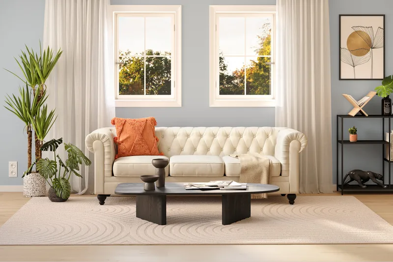 Chesterfield Lyx 3 sits Sammetssoffa- Djup soffa - Beige / Vit / Ljus - Möbler - Soffa - Chesterfield soffa