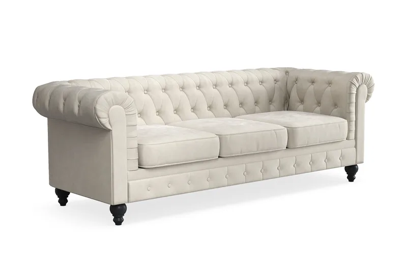 Chesterfield Lyx 3 sits Sammetssoffa- Djup soffa - Beige / Vit / Ljus - Möbler - Soffa - Chesterfield soffa
