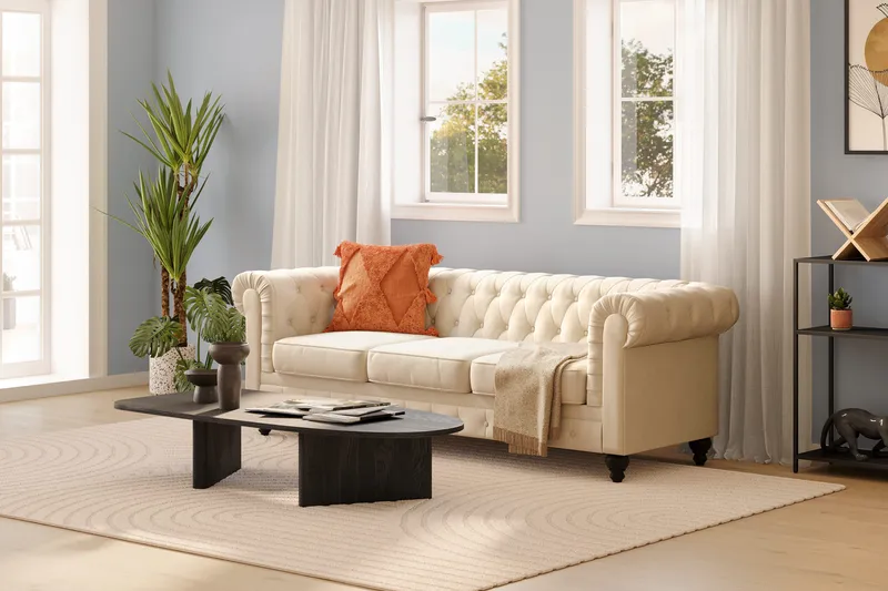 Chesterfield Lyx 3 sits Sammetssoffa- Djup soffa - Beige - Möbler - Soffa - Chesterfield soffa