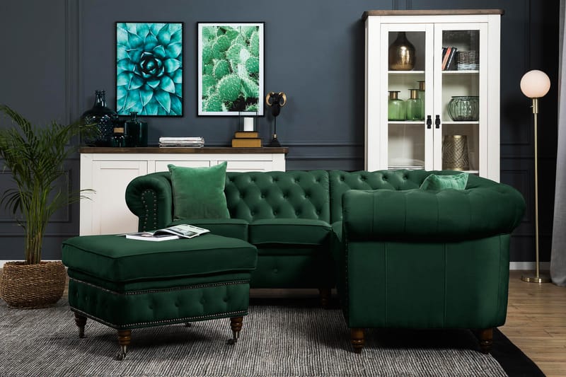 Chesterfield Deluxe Hörnsoffa Sammet - Mörkgrön - Möbler - Soffa - Chesterfield soffa