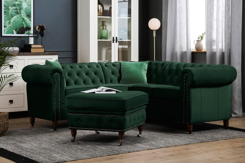 Chesterfield Deluxe Hörnsoffa Sammet - Mörkgrön - Möbler - Soffa - Chesterfield soffa