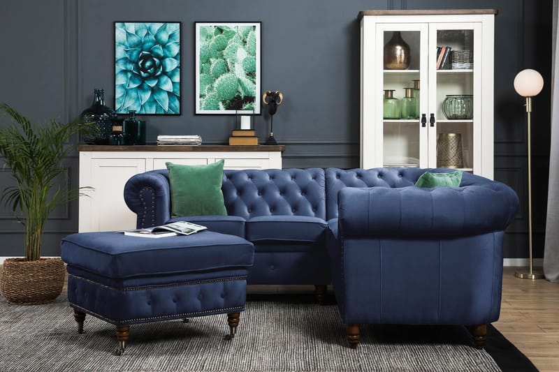 Chesterfield Deluxe Hörnsoffa Sammet - Petrolblå - Möbler - Soffa - Chesterfield soffa