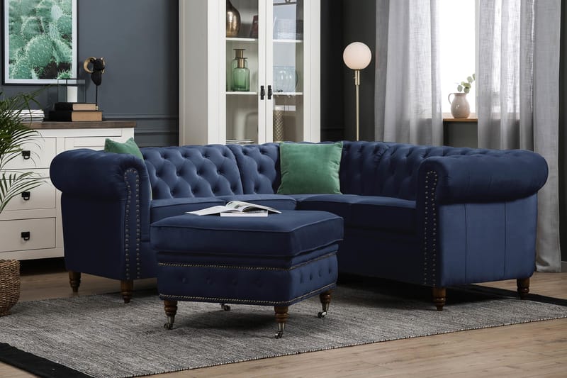 Chesterfield Deluxe Hörnsoffa Sammet - Petrolblå - Möbler - Soffa - Chesterfield soffa