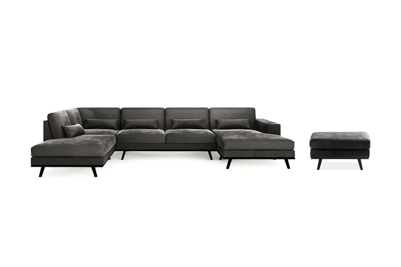 Copenhagen 5-sits Vänstervänd U-formad Soffa med Divan och Schäslong + Fotpall i Sammet, Mörkgrå