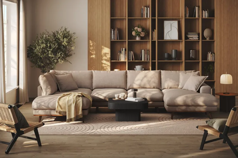 Copenhagen Premium 5-sits Vänstervänd U-formad Djup Soffa med Divan och Schäslong i Tyg - Ljusbrun - Möbler - Soffa - U-soffa