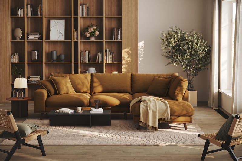 Copenhagen Premium 4-sits Högervänd L-formad Djup Schäslongsoffa i Tyg - Senapsgul - Möbler - Soffa - Divansoffor & schäslongsoffa