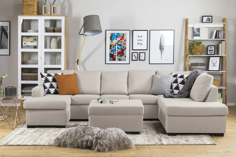 Crazy 5-sits Högervänd U-formad X-Large Soffa med Divan och Schäslong i Tyg - Beige - Möbler - Soffa - U-soffa