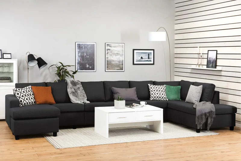 Crazy 6-sits Högervänd U-formad XX-Large Soffa med Divan och Schäslong i Tyg - Antracit - Möbler - Soffa - U-soffa