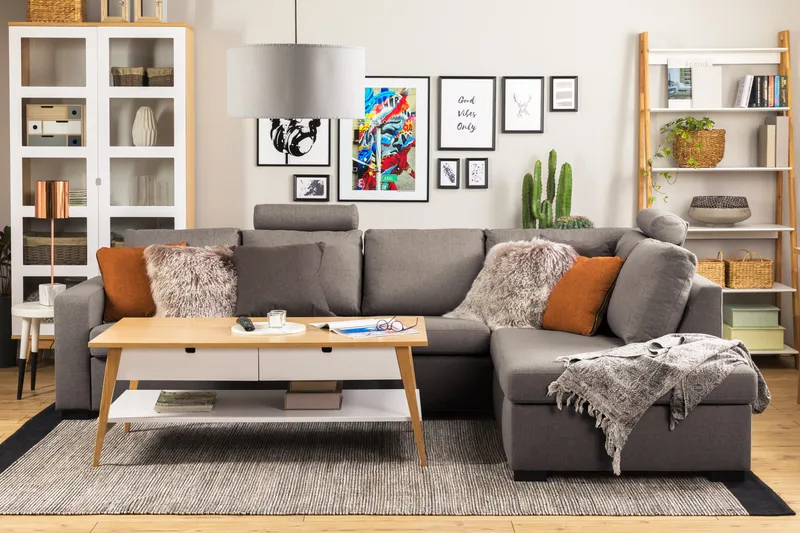 Crazy Limited Edition 4-sits Högervänd L-formad Schäslongsoffa i Tyg - Grå - Möbler - Soffa - Divansoffor & schäslongsoffa - 4 sits soffa med divan