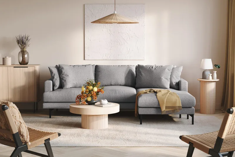 Menard 3-sits Högervänd L-formad Divansoffa i Tyg - Grå - Möbler - Soffa - Divansoffor & schäslongsoffa - 3 sits soffa med divan