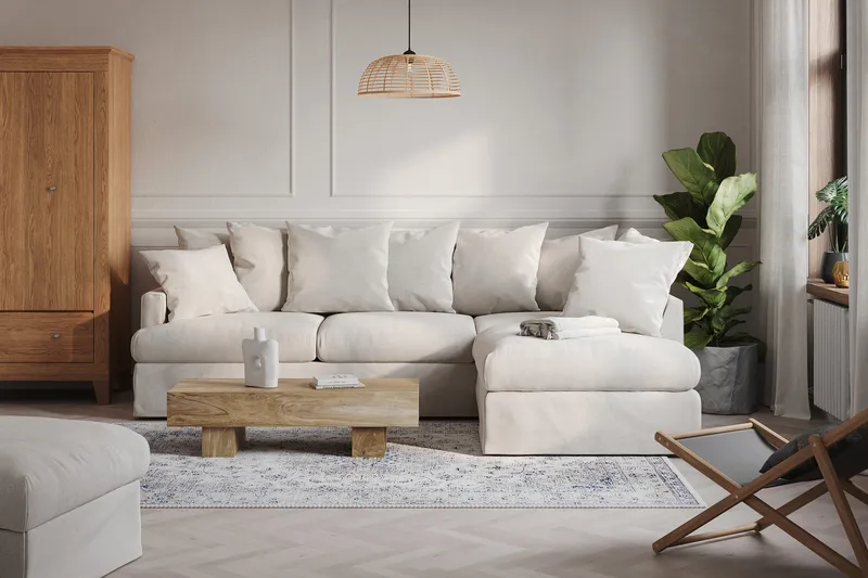 Menard 4-sits Högervänd L-formad Djup Schäslongsoffa i Tyg - Beige - Möbler - Soffa - Divansoffor & schäslongsoffa - 4 sits soffa med divan