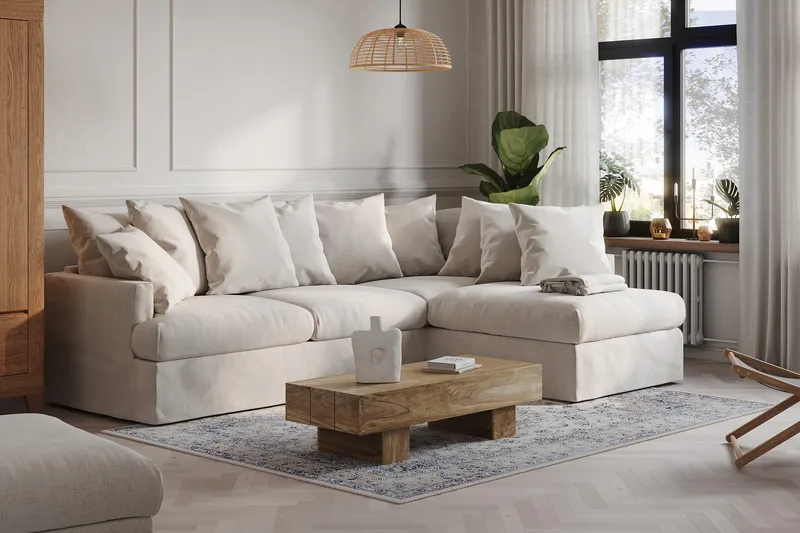 Menard 4-sits Högervänd L-formad Djup Schäslongsoffa i Tyg - Beige - Möbler - Soffa - Divansoffor & schäslongsoffa - 4 sits soffa med divan
