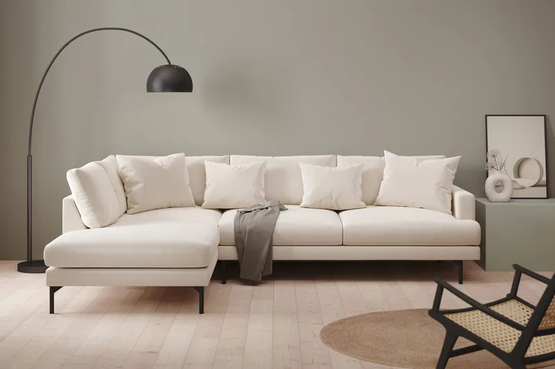 Menard 4-sits Vänstervänd L-formad Djup Schäslongsoffa i Sammet - Krämvit - Möbler - Soffa - Divansoffor & schäslongsoffa - 4 sits soffa med divan