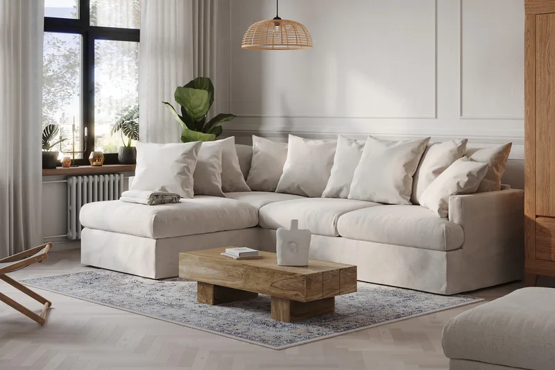 Menard 4-sits Vänstervänd L-formad Schäslongsoffa i Tyg - Beige - Möbler - Soffa - Divansoffor & schäslongsoffa - 4 sits soffa med divan