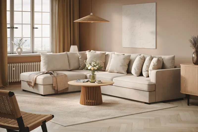 Rossita 4-sits Vänstervänd L-formad Djup Schäslongsoffa i Tyg - Beige - Möbler - Soffa - Divansoffor & schäslongsoffa - 4 sits soffa med divan