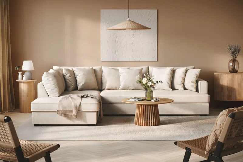 Rossita 4-sits Vänstervänd L-formad Djup Schäslongsoffa i Tyg - Beige - Möbler - Soffa - Divansoffor & schäslongsoffa - 4 sits soffa med divan