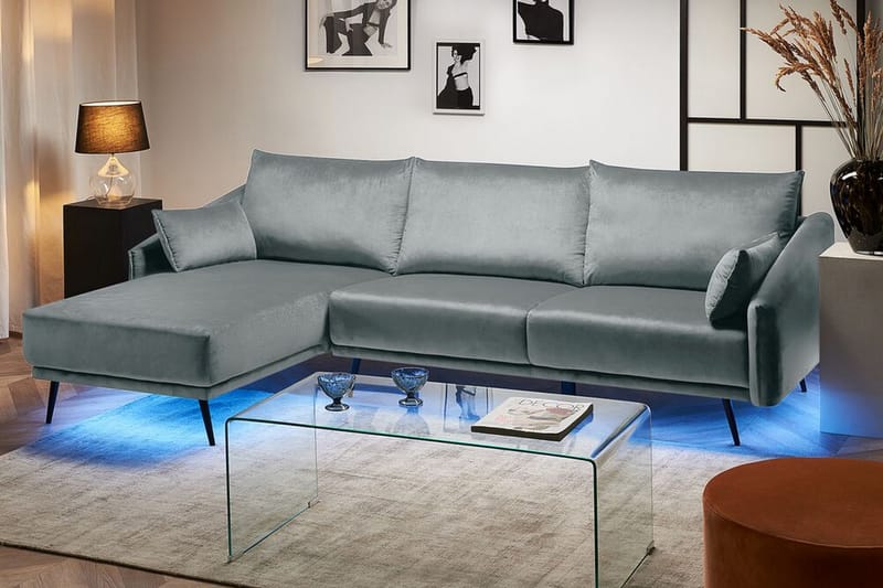 Bartelme Hörnsoffa Höger med LED-Belysning Sammet - Grå - Divansoffor & schäslongsoffa - Skinnsoffor - 2 sits soffa med divan - 3 sits soffa med divan - 4 sits soffa med divan - Sammetssoffa