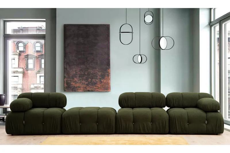 Belgin Bubblig Divansoffa 3-sits 288 cm med fasta armstöd och repdetaljer - Grön - Möbler - Soffa - Divansoffor & schäslongsoffa