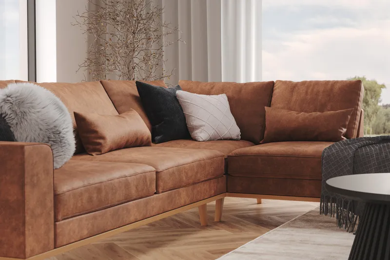 Copenhagen 4-sits Högervänd L-formad Divansoffa i Konstläder - Brun - Möbler - Soffa - Divansoffor & schäslongsoffa