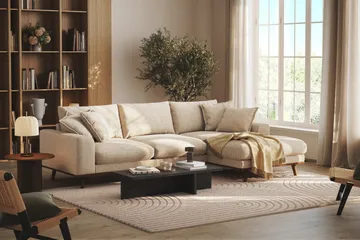 Copenhagen Premium 4-sits Högervänd L-formad Djup Divansoffa i Chenille - Beige - Möbler - Soffa - Divansoffor & schäslongsoffa
