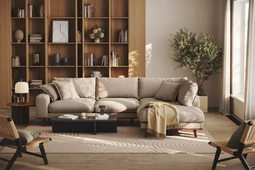 Copenhagen Premium 4-sits Högervänd L-formad Djup Schäslongsoffa i Tyg - Ljusbrun - Möbler - Soffa - Divansoffor & schäslongsoffa