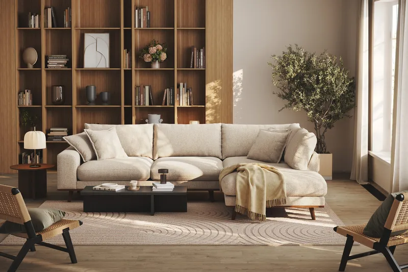 Copenhagen Premium 4-sits Högervänd L-formad Djup Schäslongsoffa i Chenille - Beige - Möbler - Soffa - Divansoffor & schäslongsoffa