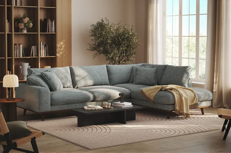 Copenhagen Premium 4-sits Högervänd L-formad Djup Schäslongsoffa i Chenille - Grå/Blå - Möbler - Soffa - Divansoffor & schäslongsoffa