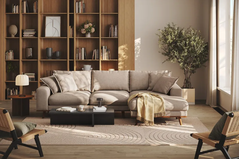 Copenhagen Premium 4-sits Högervänd L-formad Djup Divansoffa i Tyg - Ljusbrun - Möbler - Soffa - Divansoffor & schäslongsoffa