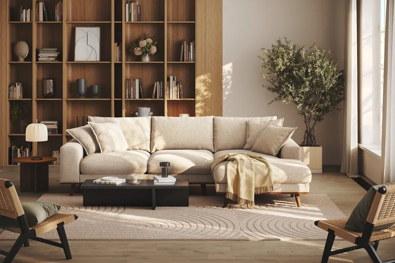 Copenhagen Premium 4-sits Högervänd L-formad Djup Divansoffa i Chenille - Beige - Möbler - Soffa - Divansoffor & schäslongsoffa
