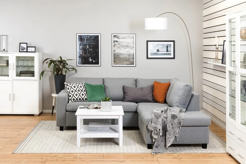 Crazy 3-sits Högervänd L-formad Schäslongsoffa i Tyg - Grå - Möbler - Soffa - Divansoffor & schäslongsoffa - 2 sits soffa med divan