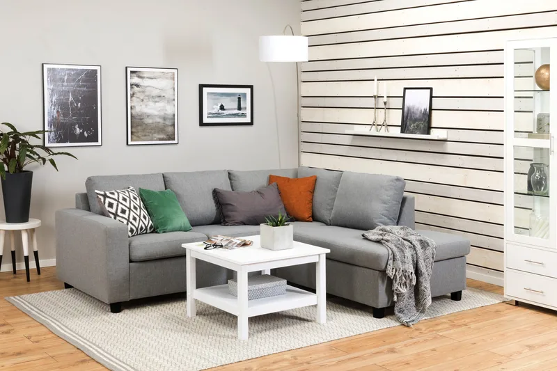 Crazy 3-sits Högervänd L-formad Schäslongsoffa i Tyg - Grå - Möbler - Soffa - Divansoffor & schäslongsoffa - 2 sits soffa med divan