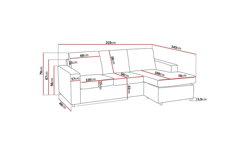 Crazy 3-sits Vändbar L-formad Divansoffa i Tyg - Antracit - Möbler - Soffa - Divansoffor & schäslongsoffa - 3 sits soffa med divan