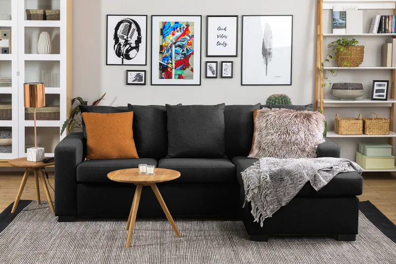 Crazy 3-sits Vändbar L-formad Divansoffa i Tyg inkl Kuvertkuddar - Mörkgrå - Möbler - Soffa - Divansoffor & schäslongsoffa