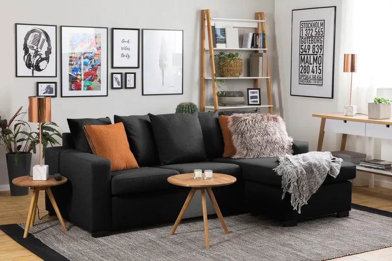 Crazy 3-sits Vändbar L-formad Divansoffa i Tyg inkl Kuvertkuddar - Mörkgrå - Möbler - Soffa - Divansoffor & schäslongsoffa