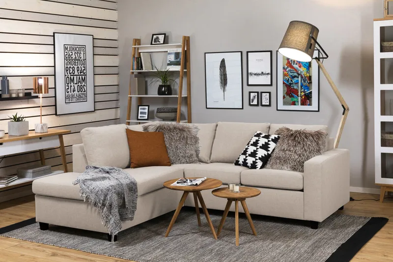 Crazy 3-sits Vänstervänd L-formad Schäslongsoffa i Tyg - Beige - Möbler - Soffa - Divansoffor & schäslongsoffa - 2 sits soffa med divan