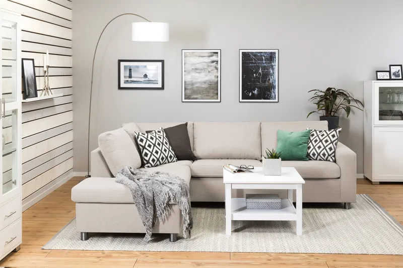 Crazy 3-sits Vänstervänd L-formad Schäslongsoffa i Tyg - Beige - Möbler - Soffa - Divansoffor & schäslongsoffa - 3 sits soffa med divan