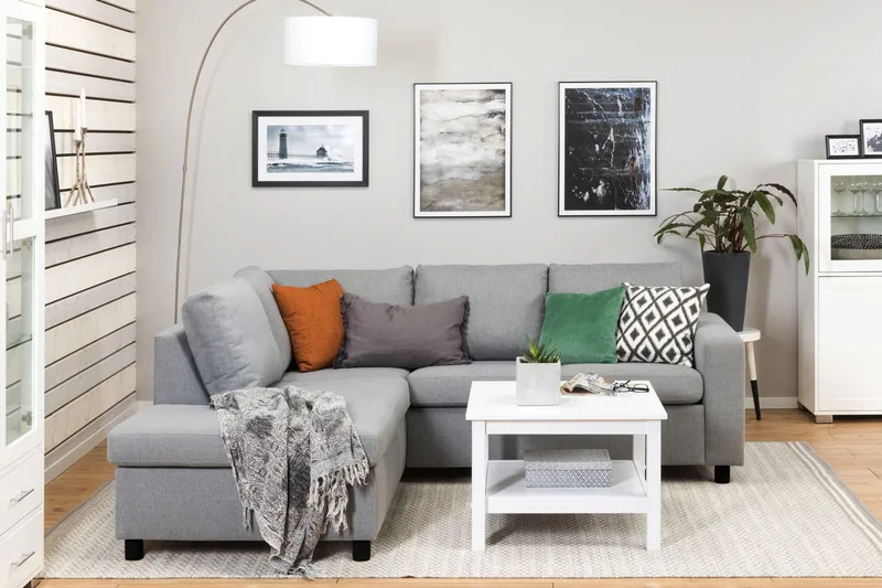 Crazy 3-sits Vänstervänd L-formad Schäslongsoffa i Tyg - Grå - Möbler - Soffa - Divansoffor & schäslongsoffa - 2 sits soffa med divan