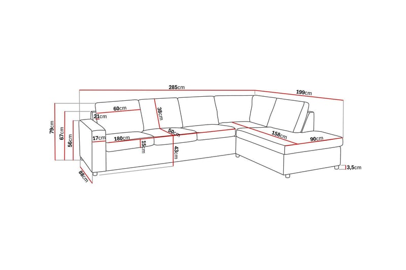Crazy 4-sits Högervänd L-formad Schäslongsoffa i Tyg - Antracit - Möbler - Soffa - Divansoffor & schäslongsoffa - 3 sits soffa med divan