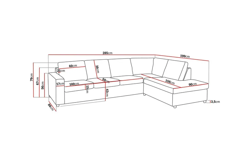 Crazy 4-sits Högervänd L-formad Schäslongsoffa i Tyg - Antracit - Möbler - Soffa - Divansoffor & schäslongsoffa - 3 sits soffa med divan