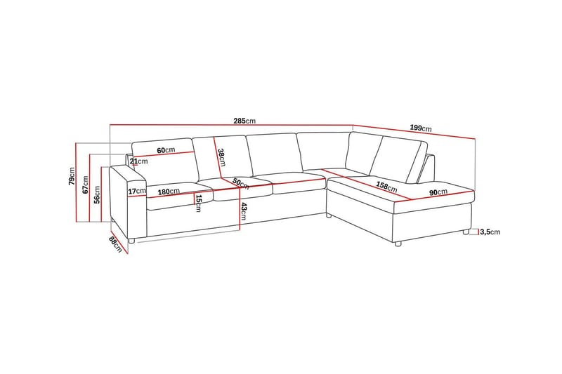Crazy 4-sits Högervänd L-formad Schäslongsoffa i Tyg - Antracit - Möbler - Soffa - Divansoffor & schäslongsoffa - 3 sits soffa med divan