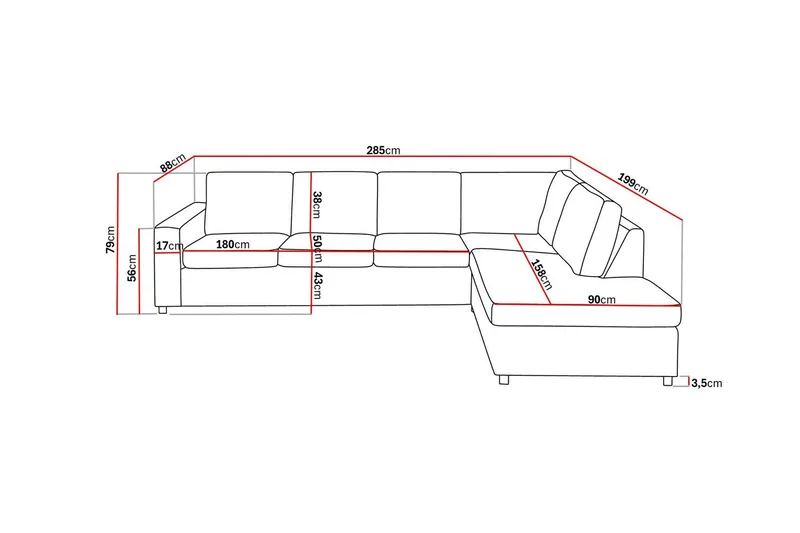 Crazy 4-sits Högervänd L-formad Schäslongsoffa i Tyg - Antracit - Möbler - Soffa - Divansoffor & schäslongsoffa - 3 sits soffa med divan