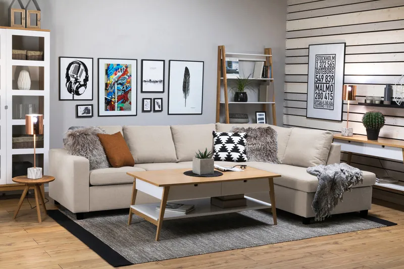 Crazy 4-sits Högervänd L-formad Schäslongsoffa i Tyg - Beige - Möbler - Soffa - Divansoffor & schäslongsoffa - 3 sits soffa med divan