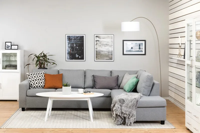 Crazy 4-sits Högervänd L-formad Schäslongsoffa i Tyg - Grå - Möbler - Soffa - Divansoffor & schäslongsoffa - 3 sits soffa med divan