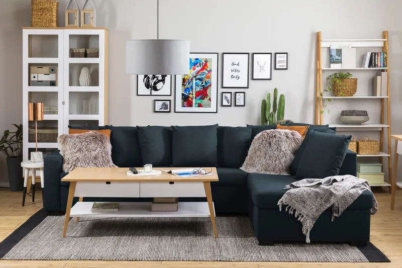 Crazy 4-sits Högervänd L-formad Schäslongsoffa i Tyg inkl Kuvertkuddar - Blå - Möbler - Soffa - Divansoffor & schäslongsoffa