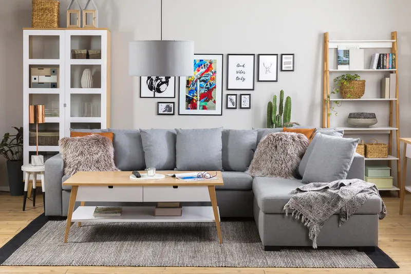 Crazy 4-sits Högervänd L-formad Schäslongsoffa i Tyg inkl Kuvertkuddar - Grå - Möbler - Soffa - Divansoffor & schäslongsoffa