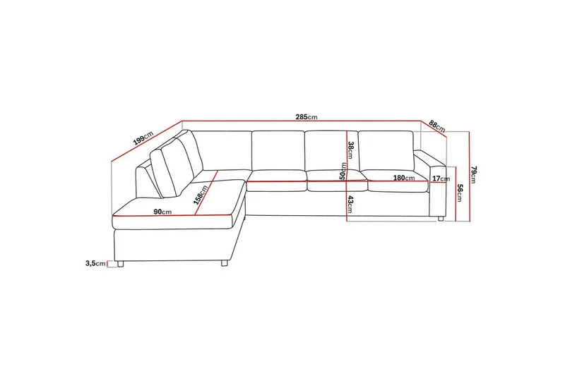 Crazy 4-sits Vänstervänd L-formad Schäslongsoffa i Tyg - Antracit - Möbler - Soffa - Divansoffor & schäslongsoffa - 3 sits soffa med divan
